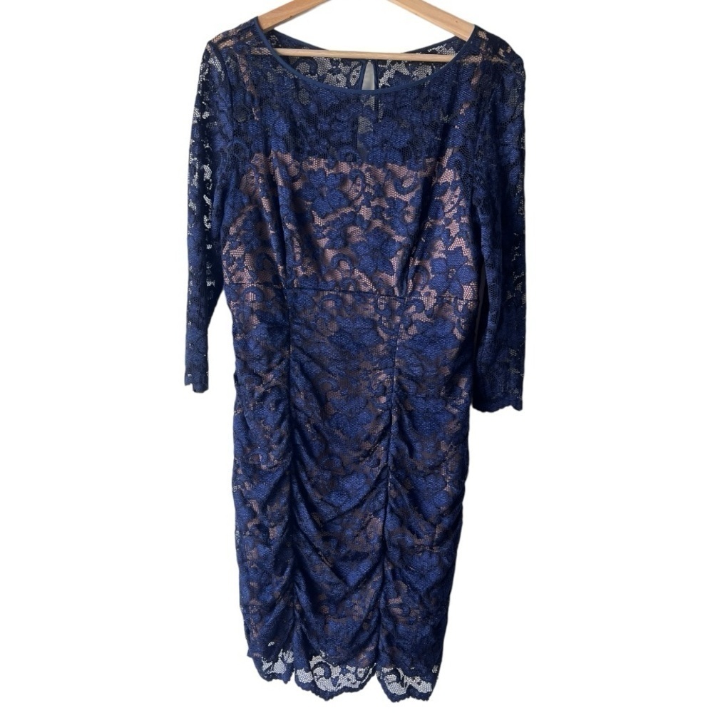 Women's Jessica Howard blue under fabric V-Neck Scallop Lace Dress size 16.